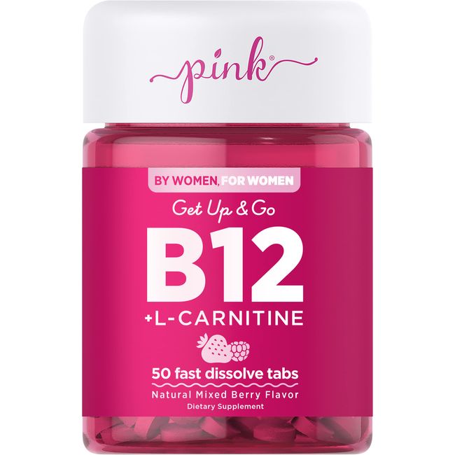 PINK B12 Vitamins | 5000mcg | 50 Fast Dissolve Tablets | Vegan, Non-GMO & Gluten Free Supplement | Berry Flavor | Plus L Carnitine