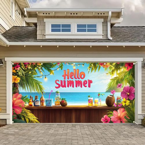 BlissYard 13x6ft Hello Summer Garage Door Banner Summer Hawaiian Backdrop Tropical Beach Scenery Blue Sky Garage Door Cover Decoration for Pool Party Indoor Outdoor House Wall Background Decor