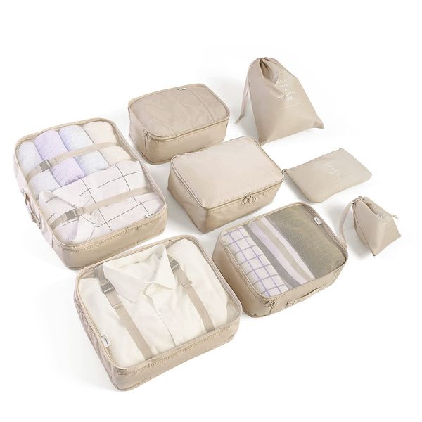 BillyBath Suitcase Organiser Set, Packing Cubes Clothes Bags Shoe Bag Cosmetic Travel Organiser Packing Bags for Suitcases (8 Pieces, Beige)