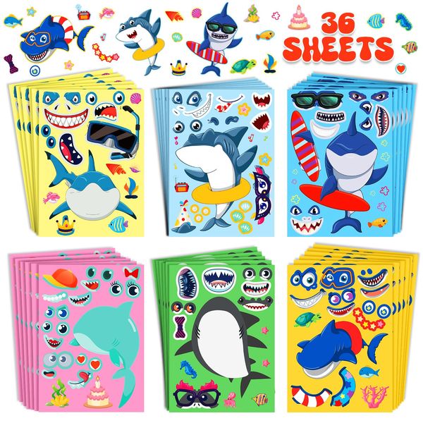 LIFEBE 36 Pcs Make Your Own Shark Stickers Ocean Animals Arts and Crafts Kits for Kids Baby Shark Face Stickers with 6 Different Design DIY Craft Party Favors for Kids 3+