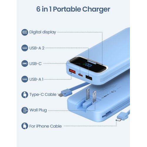 12000mAh Lightweight-Portable-Charger-Power-Bank with Built-in Cables and AC Wall Plug, PD20W USB-C Fast Charging Battery Pack, LED Display External Travel Phone Charger for All iPhone,Samsung,Android
