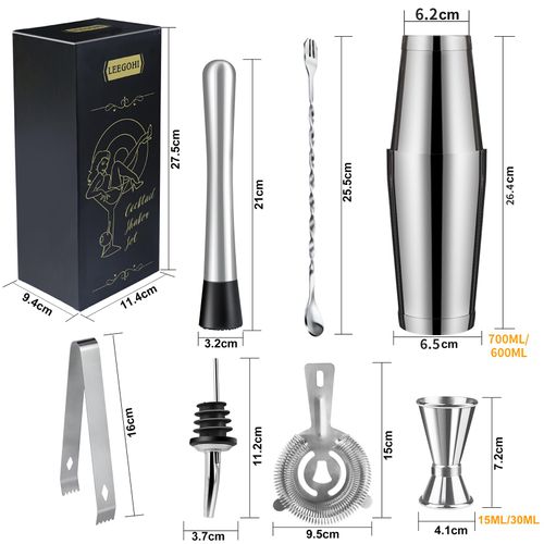 Boston Cocktail Shaker Set|8pcs Cocktail Making Set Stainless Steel 700/600mlShakers|Bartender Kit Bar Tool Set with Strainer, Pourers, Muddler, Double Jigger, Mixing Spoon at Home & Bar Gift Set