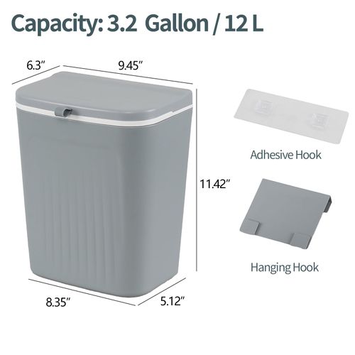 Uumitty 3.2 Gallon/12 L Plastic Kitchen Compost Bin, Hanging Trash Can with Lid, Wall-Mounted Garbage Can, Grey