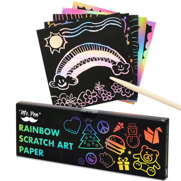 Mr. Pen- Scratch Art for Kids with Wooden Stylus, 125 pcs, Rainbow Scratch Paper, Scratch Art Paper, Rainbow Scratch Art for Kids Drawing, Black Scratch Off Paper for Kids