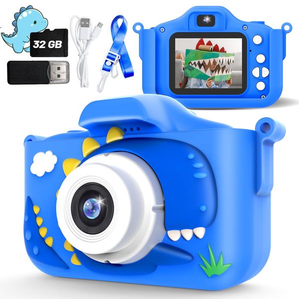 Kids Camera for Boys Dinosaur Toys Age 3-8 with 48MP 1080P HD Video Camera Kids Digital Camera Toys for Kids Toddler Christmas Birthday Gifts with Dinosaur Protective Cover (Blue)