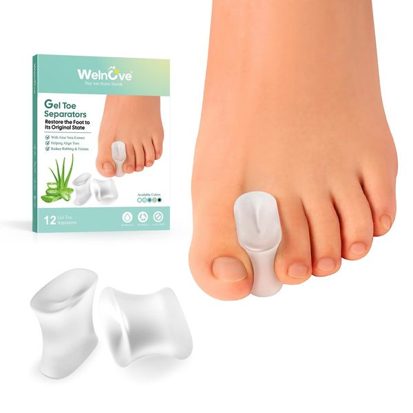 Welnove Gel Toe Separators and Bunion Toe Spacers - 12 Pack Toe Spacers with Aloe Vera Extract Infused - Silicone Bunion Corrector for Curled Toes and Overlapping Toes, Calluse