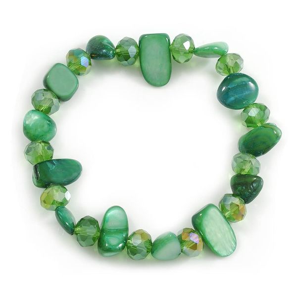 Avalaya Emerald Green Glass and Sea Shell Bead Flex Bracelet - M/L
