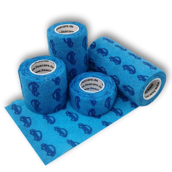 LisaCare Self-Adhesive Bandage Elastic Band Bandages Self-Adhesive Kohaesive Fixation Bandage Set of 4 2.5-10 cm Wide (Car Blue)