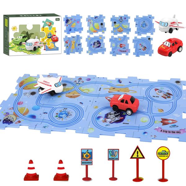 Puzzle Track Car Play Set - DIY Car Tracks Children's Educational Puzzle Board with Electric Vehicle Toy for Toddler Boys Kids Gift (SPACE-16PCS)