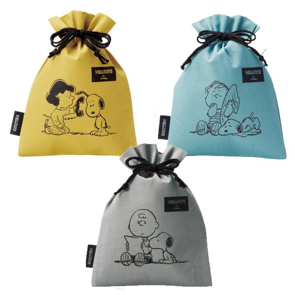 Basic Standard Small Storage Bag, Drawstring Pouch, Clothes Storage, Clothes Separation, Convenient Travel Goods, Cute, Character, Snoopy, Yellow, Blue, Gray, 3 Color Set, 8.7 x 5.9 inches (22 x 15