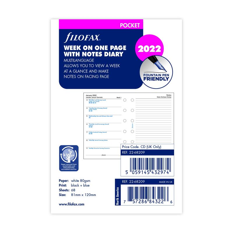 Filofax Pocket Week per Page with Notes 4 Language 2022 Diary 22-68209 ...