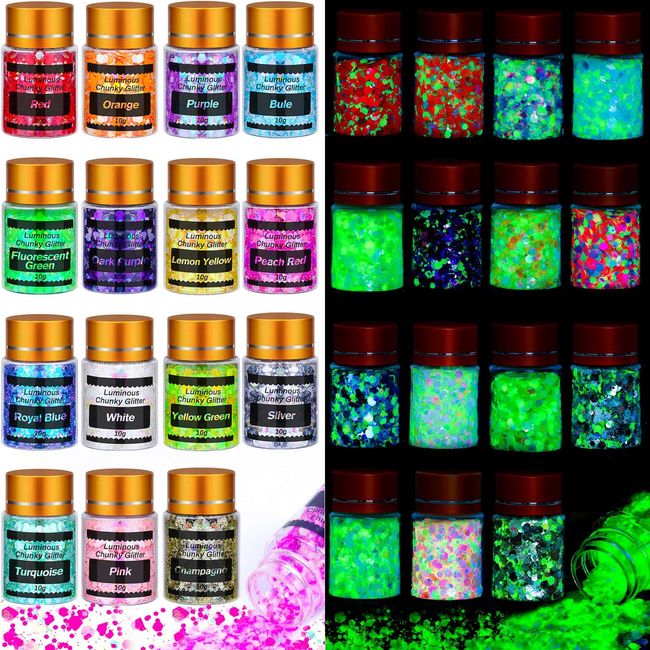 Glow in The Dark Body Eye Glitter, Cridoz 15 Colors High Luminous Face Glitter Cosmetic Eyeshadow Glow Glitter for Hair Eyeshadow, Festival Carnival Party Halloween Makeup