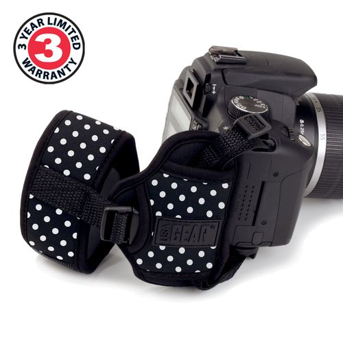 USA GEAR DualGRIP Professional Grip Camera Hand Strap with Neoprene Design and Metal Plate - Compatible with Canon, Fujifilm, Nikon, Sony, and More DSLR, Mirrorless, Point & Shoot Cameras (Polka Dot)