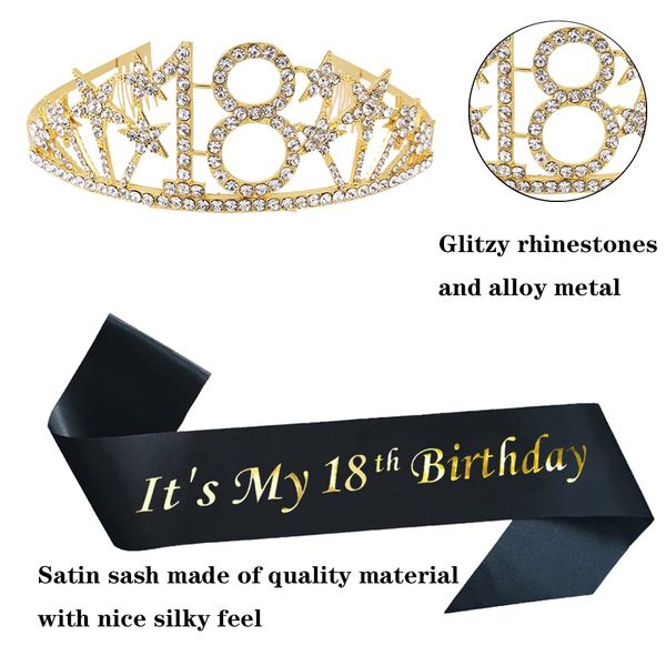 Happy 18th Birthday Tiara and Sash Gifts Crystal Rhinestone Princess Crown Birthday Girl Party Favor Supplies Gold Crowns Black Sash