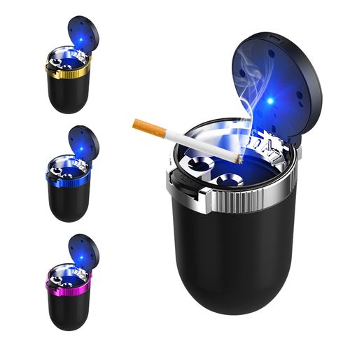 Wevdn Car Ashtray with Lid, Detachable Stainless Smokeless Auto Ashtray with LED Blue Light, Portable Mini Trash Can for Cup Holder, Universal Vehicle Interior Accessories (Silver)