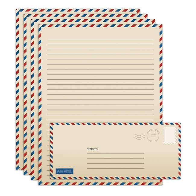 Vintage Airmail Stationery Paper Set, 100-Piece Set (50 Lined Sheets + 50 Matching Envelopes), Letter Size 8.5 x 11 inch, Double Sided & Lined Paper, by Better Office Products