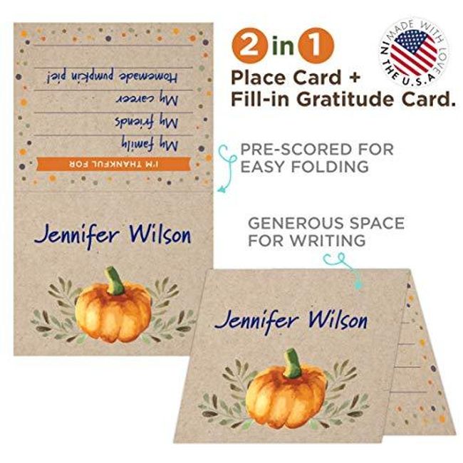 Pack Of 50 Koko Paper Co Thanksgiving Place Cards With Pumpkin And Fall Leaves 