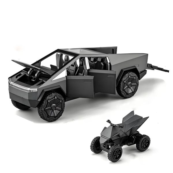 Cybertruck Toy Trucks with Motorcycle Diecast Metal Cyber Truck Model Pickup Truck 1/32 Toy Race Cars with Sound and Light Gift Age for 6 Year Up for Christmas(Grey)