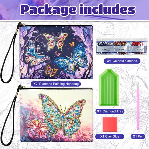 Geyoga 2 Pieces DIY Diamond Painting Purses 5d DIY Diamond Painting Handbag Art Wristlet Clutch Bag for Women Girls Art Craft Makeup Gift (Butterfly)