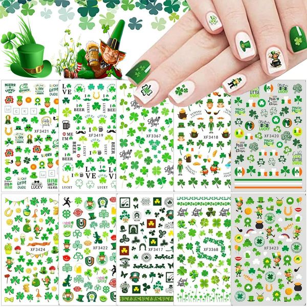 10 Sheets St Patrick’s Day Nail Art Stickers 3D Self-Adhesive Shamrock Nail Decals Green Clover Gold Hat Letters Nail Art Design Irish Nail Stickers for Women Kids Girls Nail Supplies Decorations