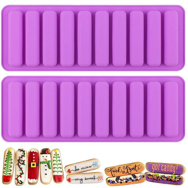 2 PCS Chocolate Bar Moulds, BREEZO 10-Cavity Long Strips Mould, Finger Biscuit Silicone Mould, Non Stick Silicone Stick Baking Tray, Fondant Mould DIY Tools, Ice Cube Trays