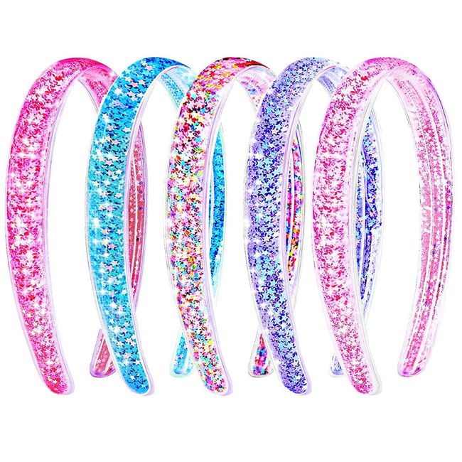 Chanaco Girls Headbands 5 Pcs Headbands for Girls Glitter Toddler Headband Sparkly Confetti Headband with Teeth for Kids Cute Rainbow Pink Purple Blue Hard Head Bands Little Girl Hair Accessories