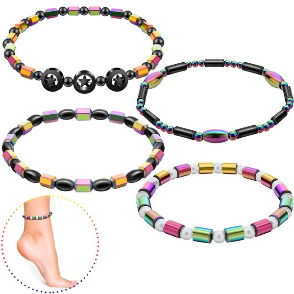 Junkin 4 Pieces Magnetic Hematite Anklets Bracelet Energy Anklets for Women Men Adjustable Magnetic Slim Hematite Pain Anxiety Relief Anti Swelling Anklets