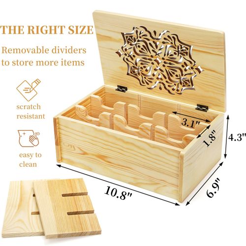 WRINGKIT Wooden Tea Bag Organizer Box, 9 Compartment Tea Bag Chest Holder Container with Floral Carved Lid, Multi-Functional Decorative Box for Storage Sugar Packet, Spice, Sweets, Small Items