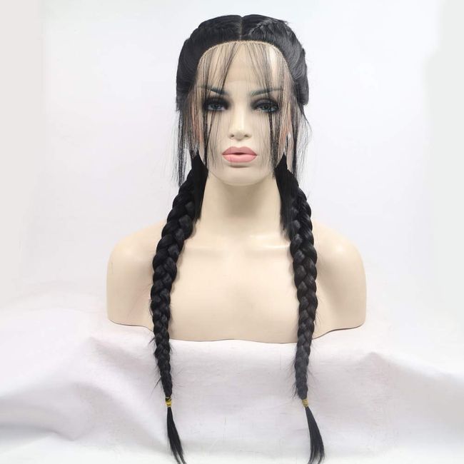 Melody Wig 1B Black Double Braid Middle Part Synthetic Lace Front Wigs For Women Heat Resistant Fiber Hair 24''