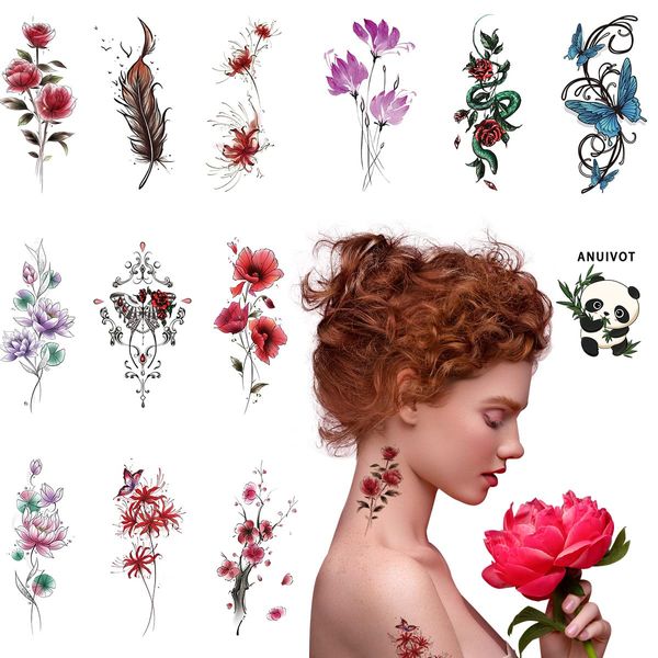 ANIUVOT Tattoo Stickers, Flower Butterfly, Large, 12 Pieces, Temporary 3D Tattoos, For Women Teens Girls, Tattoo Stickers, Sexy Watercolor Sketch, Fake Body Art Stickers, Arms, Shoulders, Waist, Legs, Thighs, Waterproof, Long Lasting, Panda Tattoo Bonus