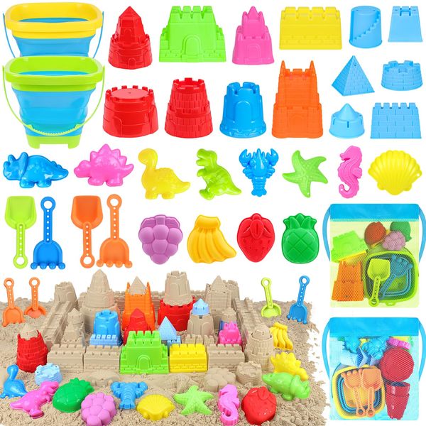 Collapsible Beach Toys Set for Kids Toddlers, Travel Sand Castle Toys for Beach with Mesh Bag & Sand Molds, Collapsible Sand Bucket and Shovel Set for Kids, Sandbox Toys for Toddlers Kids Age 3-12