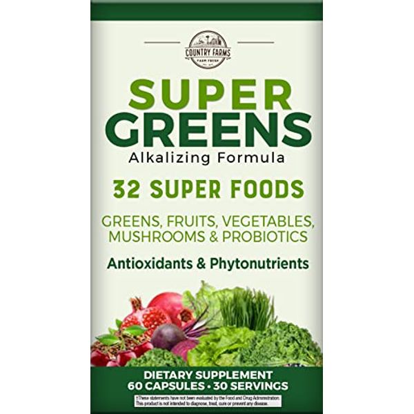 Country Farms Super Greens Capsules, Whole Food Dietary Supplement, 32 Super Foods, 30 servings.