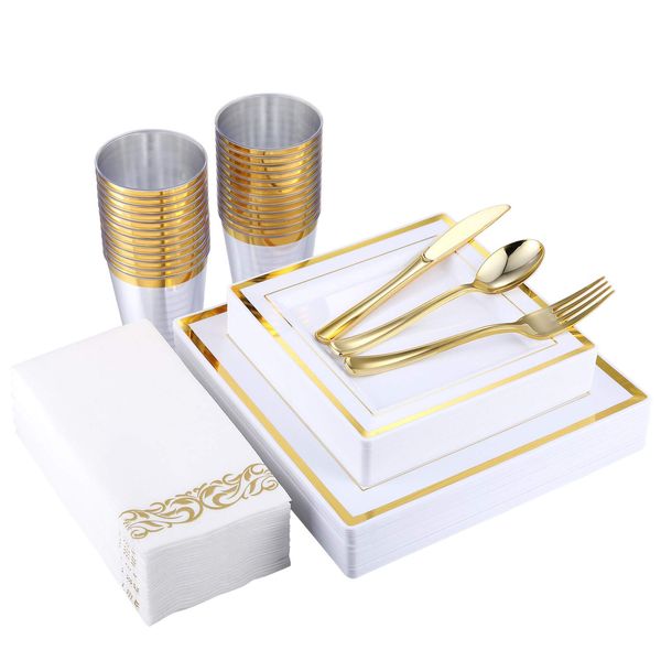 175 Piece Gold Dinnerware Set 25 Guest-50 Square Plastic Plates-25 Gold Plastic Silverware-25 Gold Plastic Cups-25 Linen Like Gold Paper Napkins, FOCUSLINE Disposable Dinnerware Set