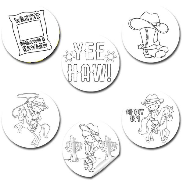 Color Your Own Wild West Cowboy Themed Birthday Party Favor Sticker Labels for Kids, 90 1.5" Party Circle Stickers by AmandaCreation, Great for Arts & Crafts, Envelope Seals, Goodie Bags & Treats