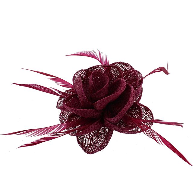 Zac's Alter Ego Burgundy Colourful Rose Net Fascinator with Feathers on Clip & Brooch Pin