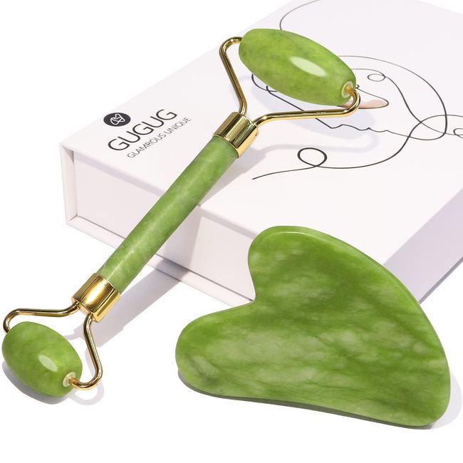 GUGUG Gua Sha and Jade Roller Set, Gua Sha Stone, Face Roller Massage Tool for Skin Care Routine, Guasha Tool for Face, Neck and Body Muscle