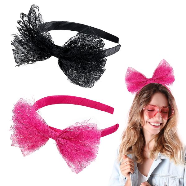 Feibety 80s Neon Lace Bow Headband 2 Pcs Lace Bow Headband 80s Costumes Accessories Knot Head Wrap for 80s Theme Party Women Girl Retro Costume Party Birthday Cosplay Halloween Fancy Dress Up