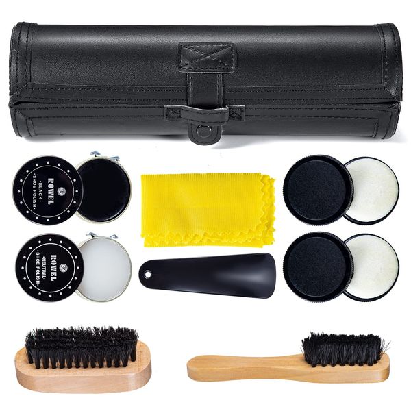 [YUET] Shoe Shine Kit Cleaning Shine Care Barrel Set Brown Black Leather Brush Travel Case Luxury Premium Soft Horse Hair Dowber Wood Applicator Shoe Horn Cloth 9pcs Black, Black///White,, Black