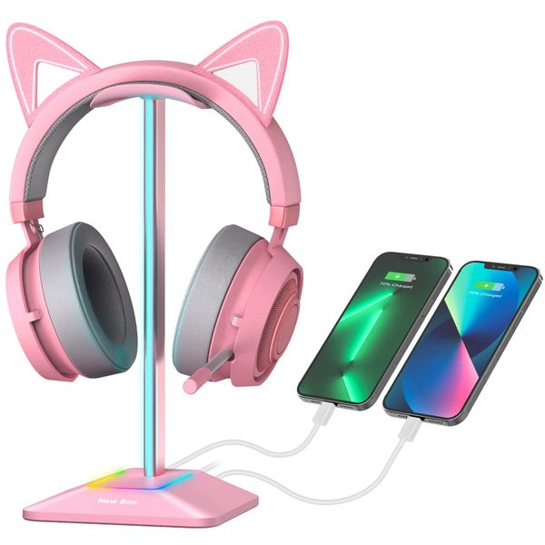 New bee Headphone Stand RGB Headset Holder with 1 USB-C Charging Port and 1 USB Charging Port, Headset Stand Gaming with 7 Light Modes Suitable for All Earphone Accessories (Pink)