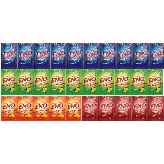 Eno Fruit Salt Antacid- 5g Sachets- Variety Pack - Regular x 10, Lemon x 10, Orange x 5, Cola x 5 = Total 30 sachets | Effervescent Relief from Flatulence and Indigestion Issues | Quick & Effective