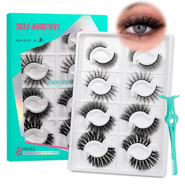 Self Adhesive Eyelashes, False Eyelashes Natural Look, No Glue Needed, Reusable Adhesive-Eyelashes, Fake Lashes for Women 8 pairs (4Styles,D-Mix8-17mm Kit 05)