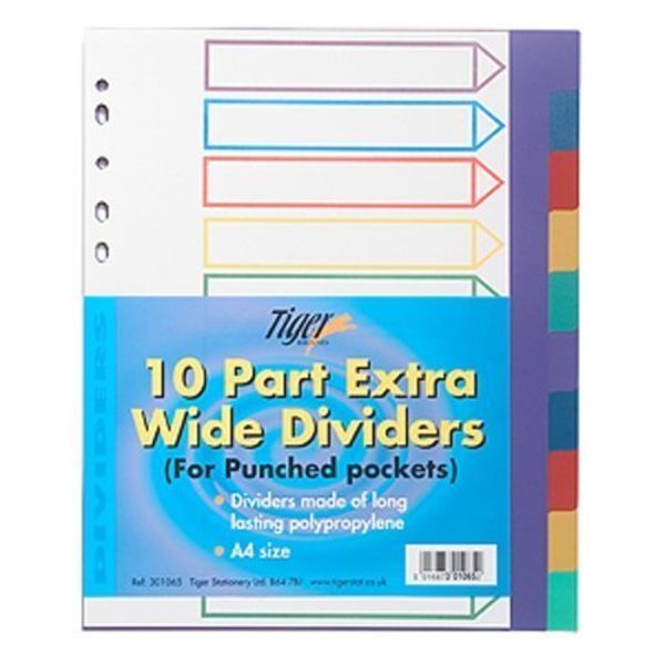 Tiger A4 10 part extra wide dividers for punched pockets x 1 set/pack