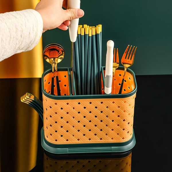 Hosoncovy Countertop Cutlery Drying Holder Utensil Holder Cutlery Drainer Tableware Holder Box Tabletop Separated Fork Chopstick Kitchen Storage Cutlery Utensil Organizer (Yellow)