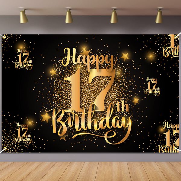 Happy 17th Birthday Backdrop Banner Step and Repeat 17 Years Old Background Decorations for Women Men Her Him Photography Party Supplies Glitter Black Gold