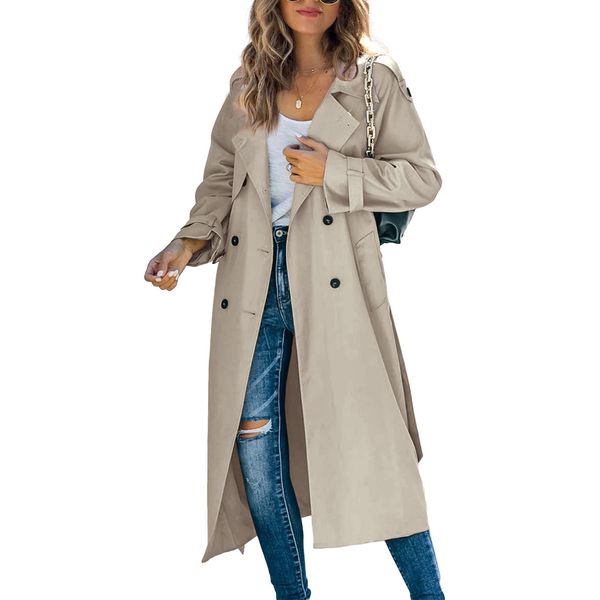 Makkrom Women's Double Breasted Long Trench Coat Windproof Classic Lapel Slim Overcoat with Belt