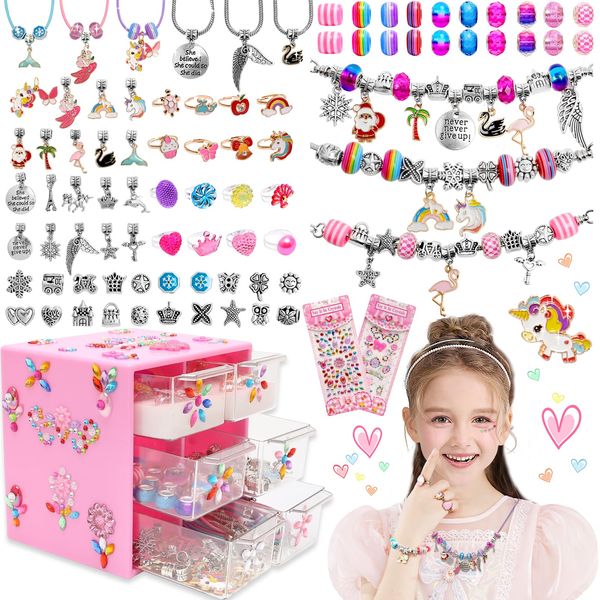 FOVRPUIB Charm Bracelet Making Kit,Toys for Girls Art Supplies Beads for Bracelets,Girls Toys Age 6-8 Years Old Friendship Bracelet Kit with Rings,Kids Toys for 6 7 8 9 Year Old Girls