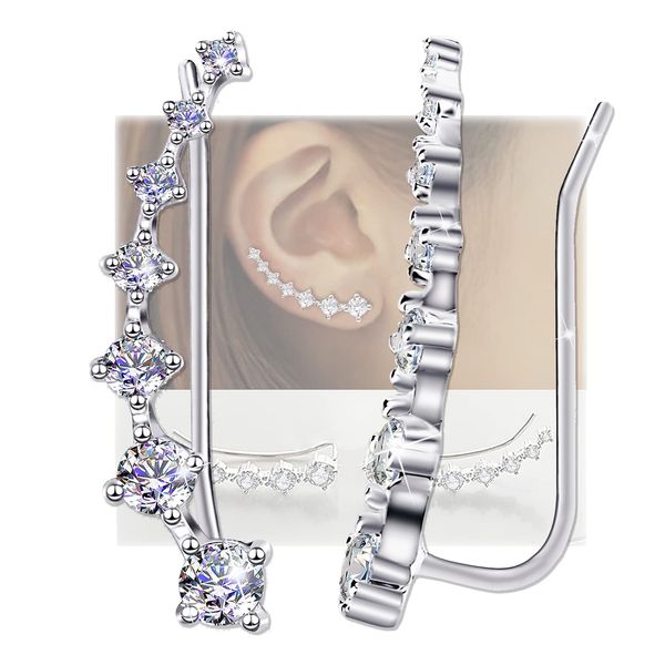 7 Crystals Ear Cuffs Hoop Climber S925 Sterling Silver Cartilage Earrings with Cubic Zirconia Piercing CZ Hypoallergenic Earring for Women