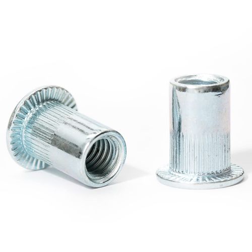 M8 x 18mm Flat Head Open End Blind Rivet Nuts Cylindrical Grooved Shank Metric AN 315 Zinc Plated Steel Threaded Insert Nutsert Rivnuts (Pack of 20)