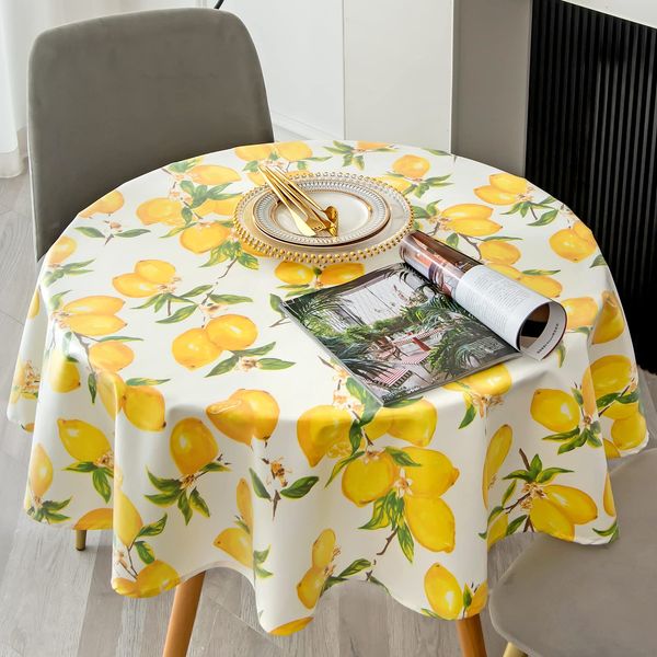 PUDSIRN Lemons Table Cloth, Spring and Summer Tablecloth Yellow Table Cover, Polyester Fabric Waterproof Stain-Resistant Table Cloth, for Kitchen Party Picnic Indoor Outdoor Use (Round 140cm)