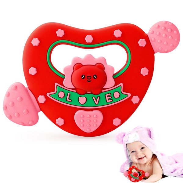 NPET Valntines Baby Heart Teether, Cute Love & Bear Teething Toy Red Heart Baby Toy 3-12 Months Infant Teething Toy, Baby Valentines Gifts Birthday Gifts for Baby Teething Toy with Love Valentine Toy